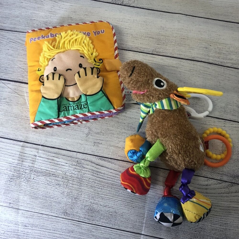 Lamaze Infant Baby Soft Toy Lot Moose & Peek A Boo Book